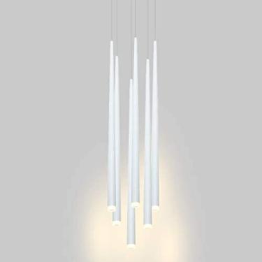 Imagem de Candeeiro Pendente De Tubo Longo De 6 Luzes LED Moderno Cone De Iluminação De Tecto Ajustável Candeeiro De Suspensão Para Sala De Estar Sala De Jantar Mesa Escada,Branco+branco Quente 3000k,18 W,C