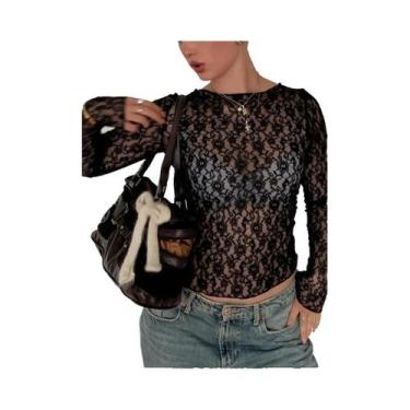 Imagem de Top Cropped Sexy De Renda Com Manga Longa Para Mulheres, Camiseta Body