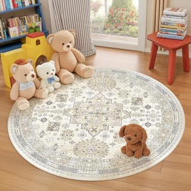 Imagem de Tapete redondo zesthome Lavável, ultrafino de 1,5 m, vintage, antiderrapante para sala de estar, tapete resistente a manchas para quarto, entrada, cozinha, quarto de bebê