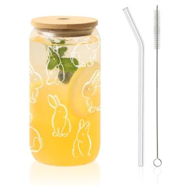 Imagem de AUOIAJAS Copos de vidro com tampas e canudos, coelhos fofos, copo de café gelado, caneca presente para mulheres, dia dos namorados, aniversário, casamento, dia das mães, Natal
