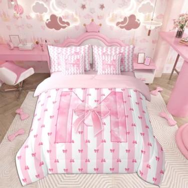 Imagem de Feelyou Conjunto de edredom com laço rosa com 7 peças, tamanho casal, com letra M, para crianças, meninos, meninas, princesas, laço kawaii, alfabeto, decoração de quarto, lindas linhas com laço
