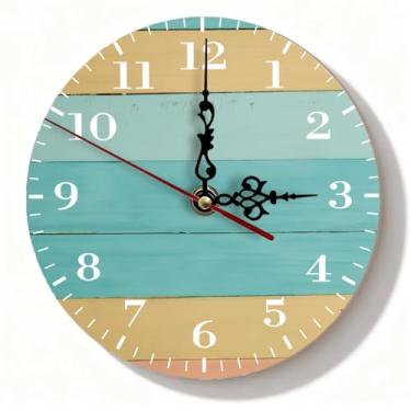 Imagem de Relógio de parede de madeira listrado bege e azul-petróleo - decoração silenciosa sem tique-taque envelhecida Shiplap para casa de fazenda sala de estar cozinha - 19 cm