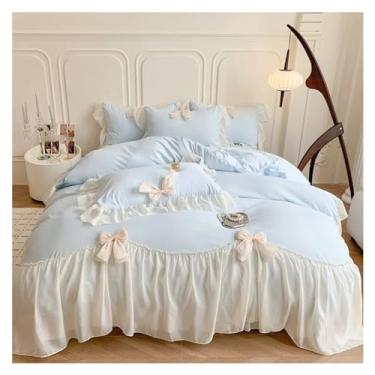 Imagem de Jogo de cama com laço de renda, cor sólida, conjunto de edredom com babados e renda deluxe (cama D de 2 m)