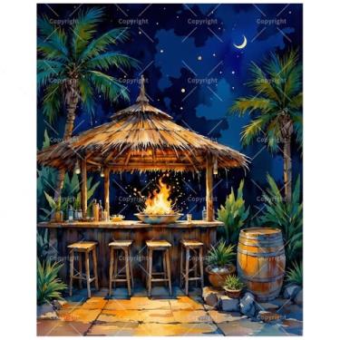 Imagem de Kit de pintura Island Tiki Bar por números para adultos - Pintura tropical DIY em tela, conjunto de tinta acrílica, adequado para iniciantes, arte para decoração de casa ou presentes (moldura de 20 x