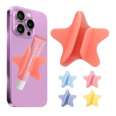 Imagem de loooghom Capa de telefone com suporte de brilho labial, modelo novo 2025, suporte brilhante estrela de cinco pontas, suporte autoadesivo para lábios adequado para iPhone e Android (laranja rosa)