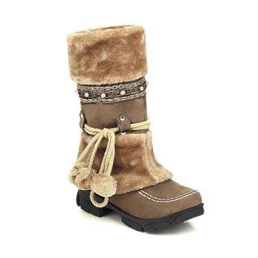 Imagem de AIJIVOU Botas de neve femininas de cano médio de cano médio, bico redondo, camurça, pele sintética, aconchegante, confortável, botas de inverno, salto baixo, sola plana, Marrom, 38