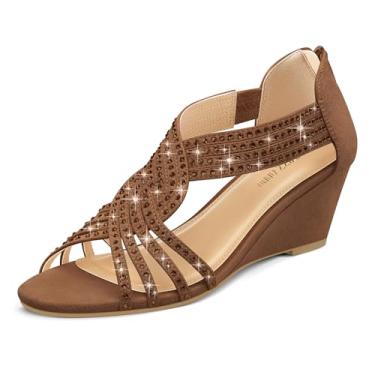 Imagem de PIZZ ANNU Sandália feminina Diana de salto baixo com strass brilhante, bico aberto, sapato social moderno para mulheres em noite de dança nupcial, camurça marrom, Camurça marrom, 35
