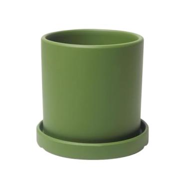 Imagem de KHUTRW3D Vaso cilíndrico verde para plantas, vasos de flores de cerâmica com bandeja de pires e orifícios de drenagem, vasos pequenos para quarto, varanda, jardim, escritório, ambientes internos e