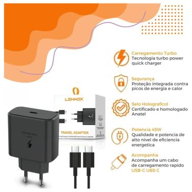 Imagem de Fonte Para Celular USB-C Fast Charge Preto Original Bivolt