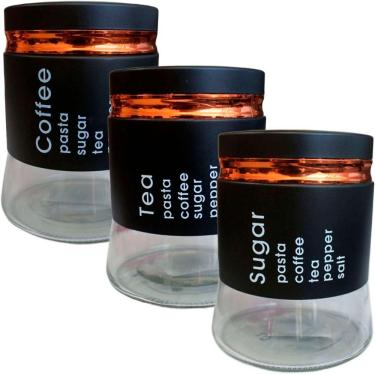 Imagem de Kit 3 Potes Hermético Coffee Sugar Tea Mantimentos Em Vidro