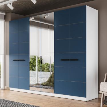 Imagem de Guarda Roupa Casal com Espelho 6 Portas Lisboa Politorno - Branco com Azul