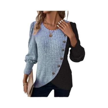 Imagem de Suéter Feminino De Outono Com Manga Longa, Listrado, Gola O, Botões, S