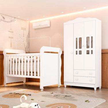 Imagem de Quarto de Bebê Berço Mini Cama Americano 3 em 1 e Guarda-roupa 3 Portas em Mdf Mirelle Branco