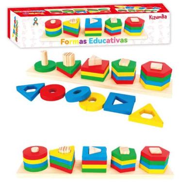Imagem de Brinquedo Pedagogico Formas Geometricas Cores Madeira Educativo Desafi