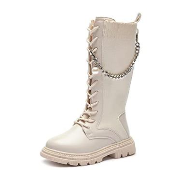 Imagem de Botas de inverno de cano alto com cadarço de couro para meninas pequenas botas de equitação de combate de cano médio preto (bebê/criança pequena/criança grande), Branco, 10 Toddler