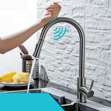 Imagem de Torneira de cozinha puxar para fora sensor de níquel escovado aço inoxidável preto inteligente indução mista torneira de controle de toque torneira da pia, 04044 níquel escovado, China