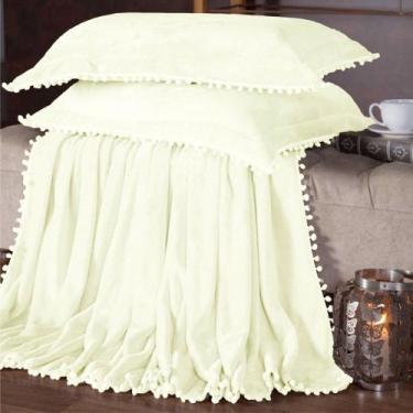 Imagem de Cobertor Manta Plush Queen Com Pompom Premium 3 Peças Palha - Top Chic