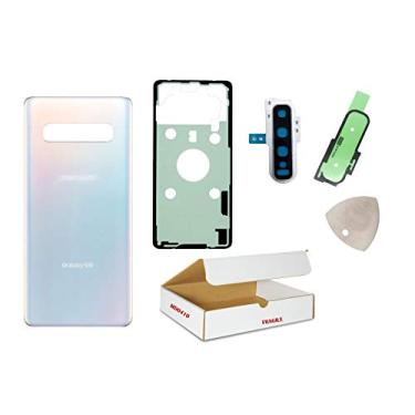 Imagem de md0410 Substituição compatível com Samsung Galaxy S10 modelo G973 - capa traseira de vidro com tampa de lente de câmera traseira e ferramenta de abertura (prisma branco)