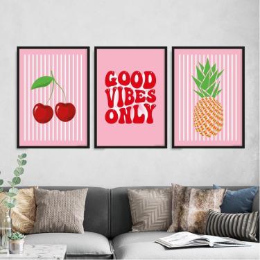 Imagem de Kit 3 Quadros Cereja Abacaxi Good Vibes 33X24Cm