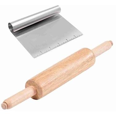 Imagem de KIT Rolo de abrir Massa Com Cabo Giratario de Madeira Para Pizza Pastel e Espatula Pratica Para Confeitar Raspar Cortar Organizar Dividir Massas Com Regua Medidora de 15 CM