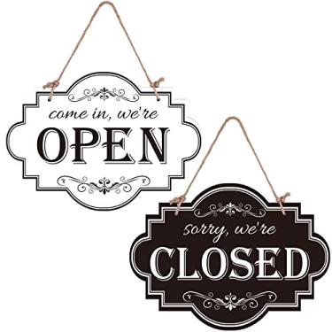 Imagem de Whaline Placa de Negócios Aberta e Fechada de Loja de Madeira Dois Lados Reversíveis Placas Penduradas Branco Preto Vintage Aberto Fechado para Decoração de Janela de Porta de Café, 29 x 22 cm