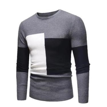 Imagem de KANG POWER Suéter casual de gola redonda suéter masculino de malha colorblock, Cinza, Medium