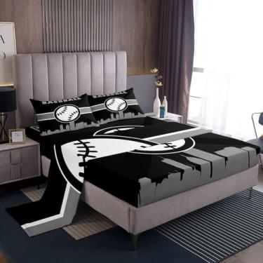 Imagem de Erosebridal Jogo de cama de solteiro infantil para meninos, conjunto de roupa de cama de beisebol, conjunto de lençóis de cama preto e cinza, super aconchegante e macio, 3 peças
