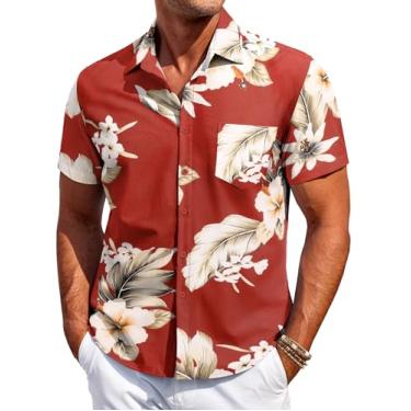 Imagem de COOFANDY Camisa masculina havaiana de manga curta com botão camisa tropical de praia de verão, Flor - vermelho, M