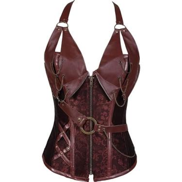 Imagem de DAGIN Espartilho feminino gótico steampunk corpete modelador de cintura sob o busto colete regata, Marrom, XG