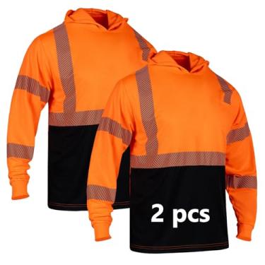 Imagem de FONIRRA Camisetas masculinas de alta visibilidade com capuz pacote com 2 camisetas refletivas de alta visibilidade para trabalho de construção, manga comprida, Laranja, X-Large