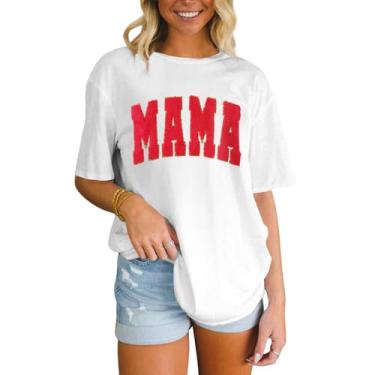 Imagem de BOUTIKOME Camiseta feminina Mama com lantejoulas e glitter, estampa Chenille Mom Life, verão, manga curta, solta, Branco, M