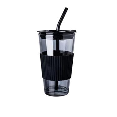 Imagem de RYUHYF Copo de canudo de vidro cinza fumê com tampa, 473 ml, parede dupla, reutilizável, conjunto de 1