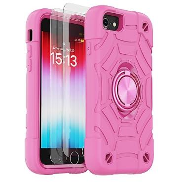 Imagem de KCJ Capa para iPhone SE 2022/2020, capa para iPhone 8/7/6/6S, com [2 × protetores de tela][suporte de anel] silicone macio + proteção total de policarbonato rígido capa de telefone resistente 4,7 polegadas (rosa)