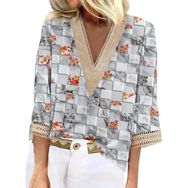 Imagem de Camiseta feminina gola V manga 3/4 blusas modernas gráfico solto camiseta tops verão sair roupas, Prata, 4G