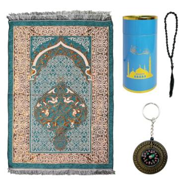 Imagem de Kellegour Tapete de oração muçulmano com contas de oração, tapete de oração islâmica macio, tapete de oração, tapete de oração muçulmano e contas de oração, com caixa de presente cilíndrica elegante e