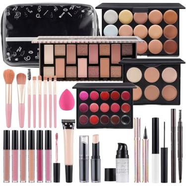 Imagem de Kit completo de maquiagem para mulheres, conjunto de maquiagem para meninas adolescentes, sombra, batom, pincéis de maquiagem, lápis de sobrancelha, corretivo líquido, base, primer puff, sombra, escudos, estêncil para sobrancelhas, estêncil