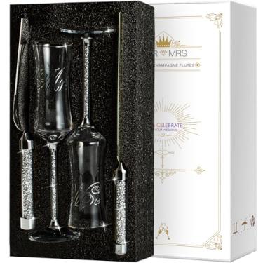 Imagem de Conjunto de 4 peças de taças de champanhe e faca de bolo para servir taças de champanhe prata Sr e Sra. Suprimentos de recepção de casamento para noiva e noivo torta de bolo