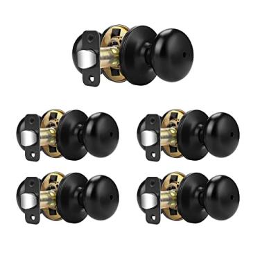 Imagem de Probrico Maçaneta de porta preta, pacote com 5 maçanetas de quarto com função de bloqueio de privacidade interna, trava sólida ajustável 60-70 mm, puxadores de porta de esfera plana modernas