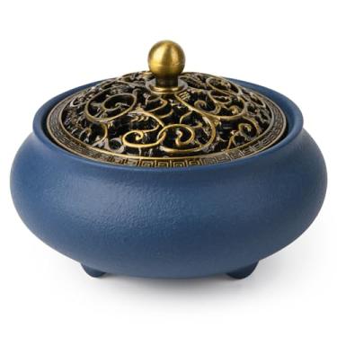 Imagem de plainele Queimador de incenso de cerâmica com suporte de incenso + algodão à prova de fogo, tigela feita à mão para queimar manchas para incenso em bastão ou bobina, cones de sálvia, olíbano e incenso