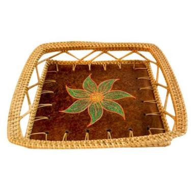 Imagem de Bandeja quadrada floral rattan e ceramica artesanal - Wood