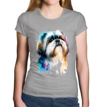 Imagem de Baby Look Algodão Cachorro Shih Tzu Watercolor - Foca na Moda, Cinza, 