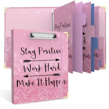 Imagem de Fichário de 3 anéis, fichário redondo de 2,5 cm com 6 divisórias de abas, 2 bolsos internos, prancheta fofa com armazenamento, para escritório escolar, portfólio (fique positivo)