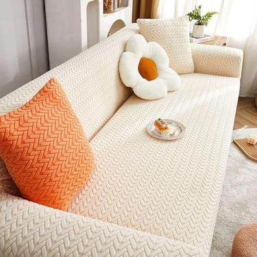 Imagem de Capa de sofá de veludo macio, 1-5 lugares, protetor de móveis extensível, cor sólida, sofá grosso e capa de cadeira para decoração de casa(Beige,5-seat 305-360cm)