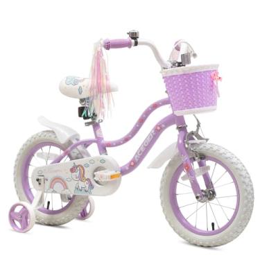 Imagem de Bixike Bicicleta Feminina Estilo Princesa com Cesta para Crianças de 3 a 14 Anos, Rodas de Treinamento e Serpentinas, 50 cm, Azul, Unicórnio