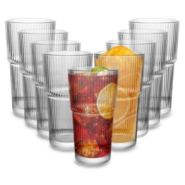 Imagem de CHPINDAM Copos para beber, vidro canelado de 540 ml, pacote com 9 copos à moda antiga, vidro espesso para cafés gelados, vitaminas, coquetéis e sucos, perfeitos para famílias e festas (9)