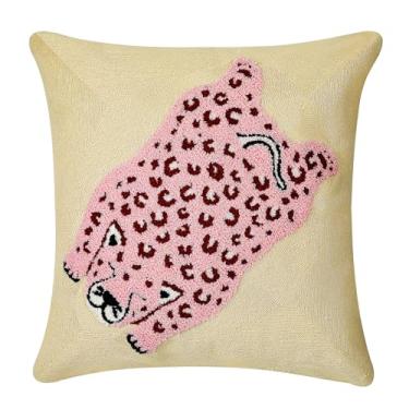 Imagem de GENVER Capas de almofada bordadas de leopardo rosa fofas, decoração abstrata de animais para sofá de fazenda, sala de estar, sofá, quarto, cadeira de escritório, loja de 45 x 45 cm