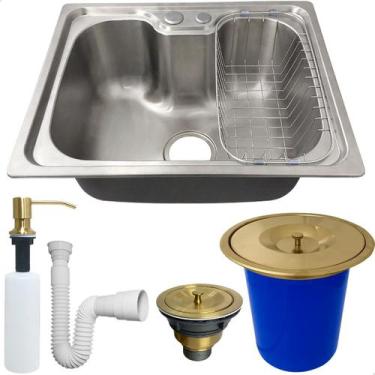 Imagem de Cuba Gourmet Inox 304 50x40 Com Lixeira De Embutir 5 Litros Dourada Po