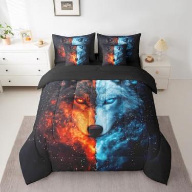 Imagem de Jogo de cama queen com estampa de lobo e fogo no gelo, 7 peças, cama queen em uma bolsa, vida selvagem, galáxia, lobo exótico, céu brilhante, universo misterioso, macio, macio, para decoração de