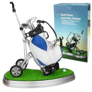 Imagem de 10L0L Suporte de caneta de golfe, 3 canetas de clube e carrinho móvel, mini bolsa de golfe decoração de mesa para escritório, presentes engraçados para homens, pai, meias de chefe para golfistas no