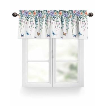 Imagem de Cortina de verão folhas de eucalipto cozinha flores primavera sanefa para janelas borboleta filtro de luz haste bolso janela tratamento cortina sanefa para sala de estar quarto 106 cm L x 30 cm C C